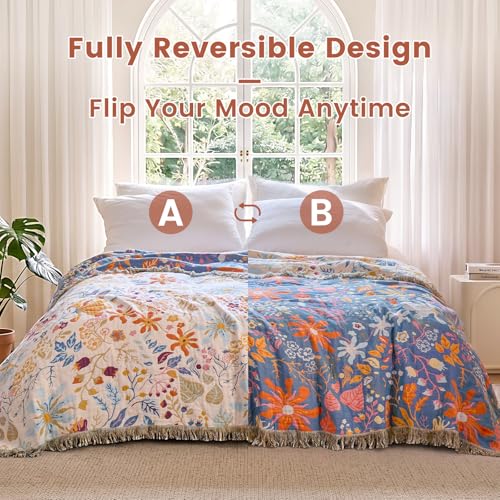 Image of MSGKV Boho Throw Blanket 50 inchx60 inch 100% Cotton Floral Blanket Couch Decor