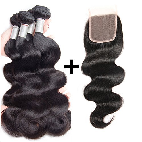 Perstar Hair Brazilian Body Wave with Closure Virgin Remy 3 Bundles with 4"4" lace closure 7A grade Uprocessed hair bundles with free part closure (14 16 18+14 free part, Natural Color)