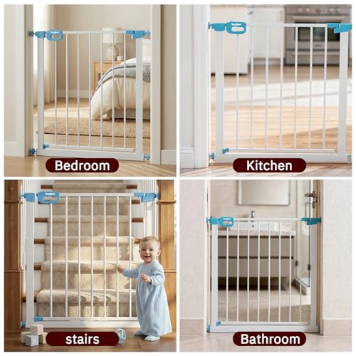 Image of Baybee Baby Safety Gate for Door & Stairs 75-85 cm | No Drill Auto-Close Safety Gate for Kids & Pets | 180 Wide Opening Door Safety Gate | Adjustable Baby & Dog Gate Barrier for Home (White & Blue)