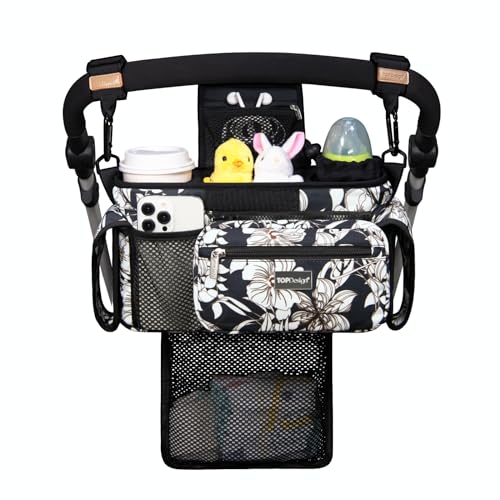 Image of TOPDesign Universal Baby Stroller Organizer, Stroller Caddy with Detachable Mesh Bag & Heightened Insulated Cup Holders & Non-Slip Secure Hooks Accessories, Fits Most Strollers (Morning Glory)