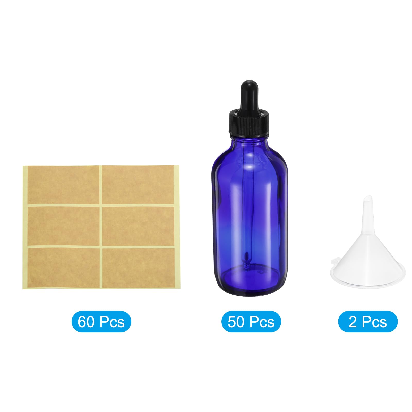PATIKIL Frasco Gotero De Vidrio De 120ml, 50Pcs Recipiente Hermético Para Muestras De Aceites Esenciales Con Etiquetas Y Embudo Para Almacenamiento Hogar Viaje, Azul