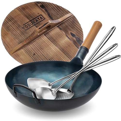Wok de acero al carbono azul YOSUKATA 13.5 pulgadas miniatura 1
