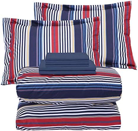EMME Queen Bed in A Bag 7-Piece Bedding Comforter Set, Brushed Microfiber Down Alternative Comforter, Soft and Comfortable Stripe Bed Set (Full/Queen, Navy & Red Stripe)