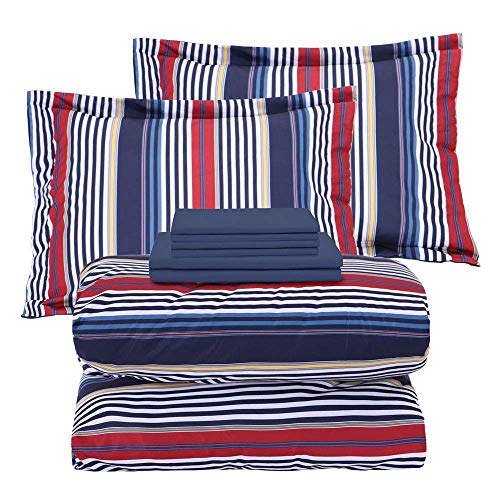 Image of EMME Queen Comforter Set-Bed in A Bag Striped, 7 Piece Navy Red Bedding Sets Queen Size with Sheets, Full Size Comforter, Pillowcases&Shams, Soft Down Alternative Bed Set for All Season