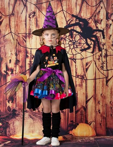 Image of Happy Cherry Toddler Girls Witch Tutu Skirt Set with Hat & Broomstick 3 Pcs Dress Up Halloween Outfits 3-8Y