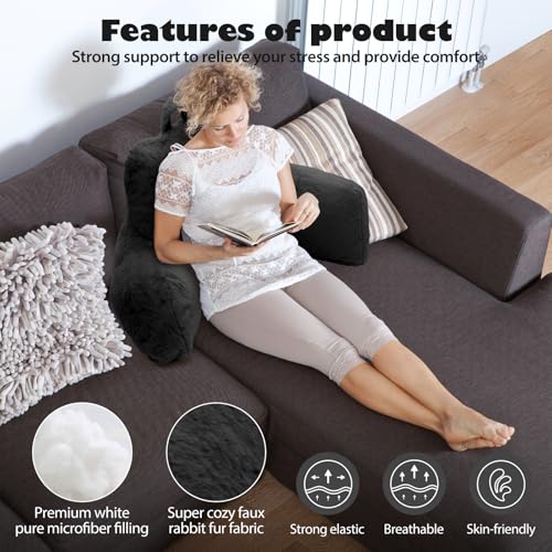 xffzroom Reading Pillow for Sitting in Bed Adult, Standard Reading Pillow with Memory Foam, Back Pillow for Bed Sitting Up with Extend Arms, Black
