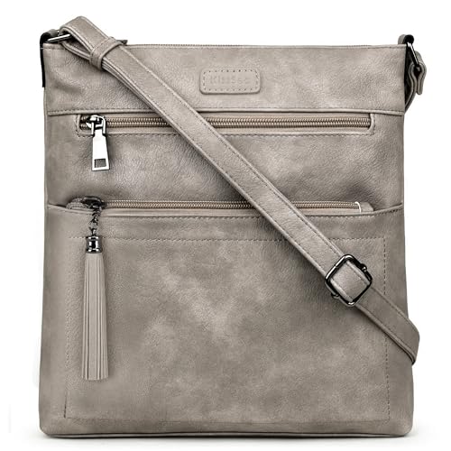 Kiss Sea Crossbody Bags for Women Leather Travel Crossbody Purse with Tassel and Adjustable Strap Grey