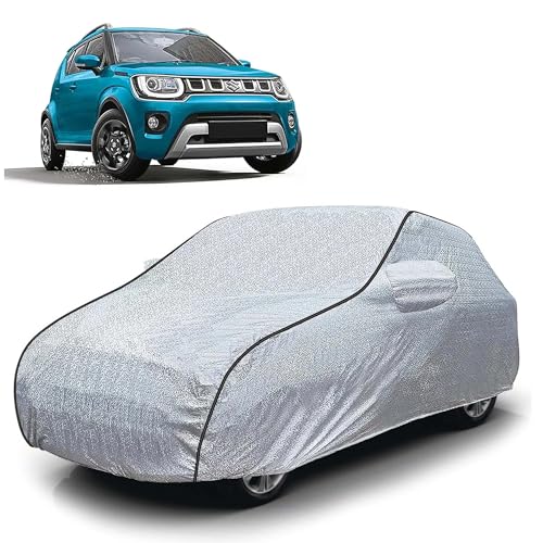 Image of Sulfar 100% Waterproof Car Body Cover Compatible with Mirror for Maruti Suzuki Ignis (Triple Stitched, Full Bottom Elastic, Magic Silver with Black Piping)