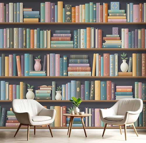 Papier peint bibliothèque pour agrandir un salon avec un mur 3D