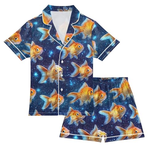 ALAZA Goldfish Galaxy Nebula Satin Pajamas Set Short Sleeve Button Down Sleepwear Summer Pjs 2 Piece