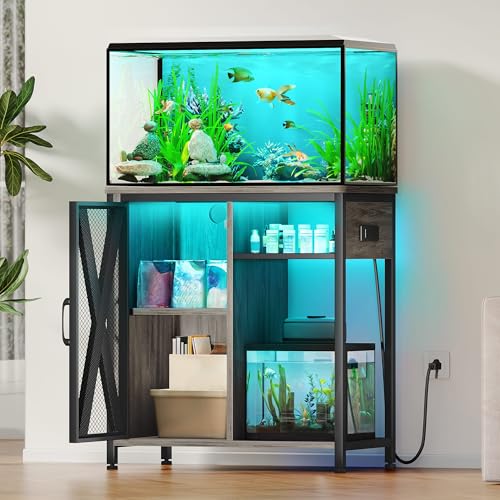 Image of YITAHOME Fish Tank Stand with Power Outlets & LED Light, 20-29 Gallon Metal Aquarium Stand with Cabinet for Fish Tank Accessories Storage for Turtle Tank, Reptile Terrarium, 350LBS Capacity, Grey