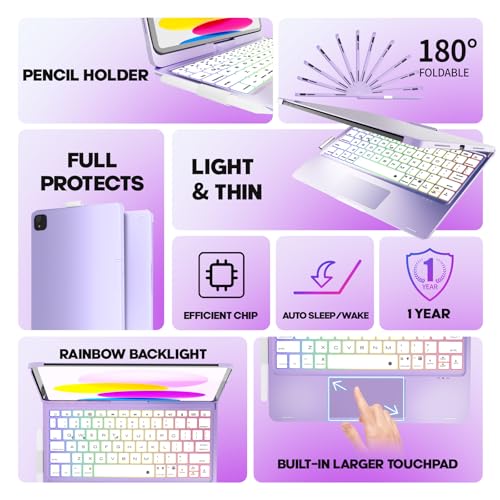 Image of NOKBABO for iPad 10th 11th (A16) Generation Case with Keyboard, iPad Air 11 case (M4 /M3 /M2), Keyboard for iPad Pro 11 (4th /3rd /2nd /1st) & iPad Air 5 /4, Trackpad, 360 Swivel, Backlit-Metallic Purple