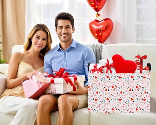 Image of Large Valentine's Day Basket Heart Shaped Storage Bin for Gifts Collapsible Organizer Room Decor (Black Red Empty Lines Love)