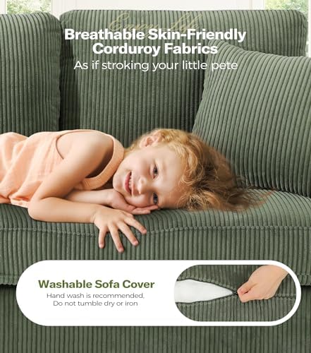 Kidirect 87in Green Sofa, Couches for Living Room 21in Extra Deep Seats, Comfy Corduroy Sofas for Living Room No Tool Assembly, Modern Oversized Love Seat with 2 Pillows, Sofa Couch for Bedroom