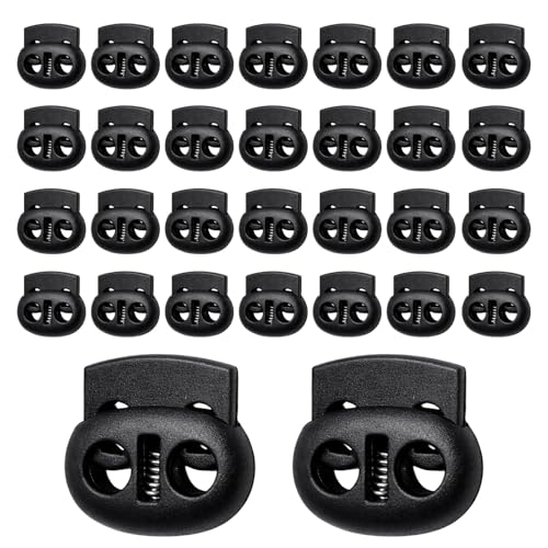 CanQuanSWZX Lot de 30 Bloque-Cordons à Double Trou avec Cordon de Serrage Noir, 30 Pièces pour Attache Lacets Chaussures, Vêtements, Sacs, Paracorde, Pantalons de Survêtement, Stop Cordon