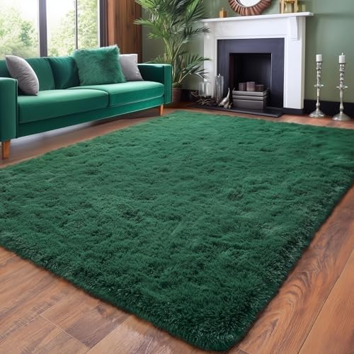 Amdrebio Dark Green Large Living Room Rug 6x9, Fluffy Area Rugs for Bedroom, Soft Fuzzy Shag Rug for Kids Playroom Dorm, Thick Big Modern Rugs for Living Room Decor, Plush Cool Emerald Green Carpet