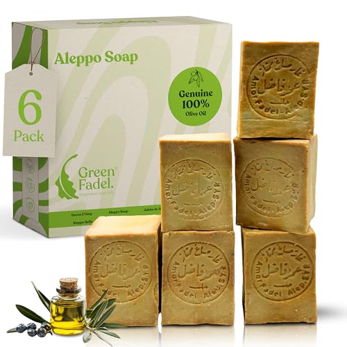 GREEN FADEL Jabón de Alepo, 100% Aceite de Oliva, 6 x ca. 200g (Genuine), Jabón de Aceite de Oliva, Hecho a Mano, Natural