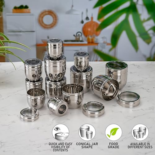Image of Sumeet Stainless Steel Conical Shape Canisters /Dabba /Storage Containers for Kitchen with See Through Lid, Set of 12 Pcs, (150ml-6cm Dia-3Pc, 250ml-7cm Dia-3Pc, 400ml-8.5cm -3Pc, 500ml-9cm 3Pc)- Silver