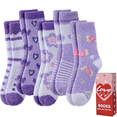 LANLEO Fuzzy Socks for Women Fluffy Slipper Winter Warm Soft Cozy Microfiber Plush Sleeping Heart Socks 5 Pairs Purple Heart