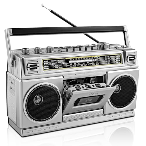 Boombox Rétro Années 80 avec Bluetooth et Lecteur Cassette | Radio AM/FM/OC, Son Graves Puissants...