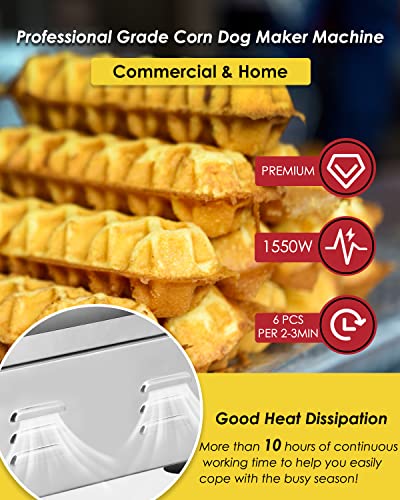Moongiantgo Commercial Corn Dog Waffle Maker Machine 6 Pcs 1550W Hot Dog Cheese Stick Press Iron, 50-300℃ Temp Control, 5-Min Timer French Muffin Cooker 110V #TOP2