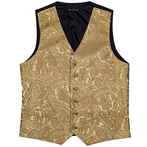 Barry.wang Formal Men Dress Vest Matched Paisley Tie Set Suit Waistcoat Wedding 5Pcs Gold 2Xl-Large #TOP2