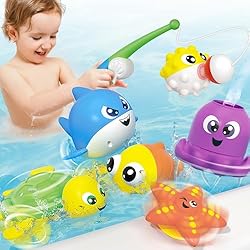Caña Para Pescar Tiburones JOYIN Juego de juguetes de baño para niños sin moho, juguete de pesca magnético con caña de pescar, tiburón y tortuga, pulpo, globo suave y pez payaso, estrella de mar giratoria, desarrollo sensorial