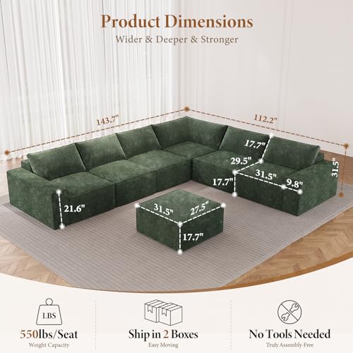 Image of Vesgantti 143.7 inch Oversized Boneless Couch, Modern 7 Seater Modular Sectional Sofa with Deep Seat, Convertible Chenille Cloud Couches for Living Room, No Assembly Required, Green