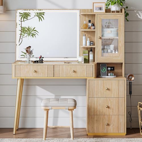 LINSY Wood Vanity with Glass Top, Makeup Vanity with Storage Drawers, Boho Fluted Vanity Desk with Mirror and Lights, Large Dressing Table with Cabinet and Outlet for Bedroom, Women, Girls - Image 4