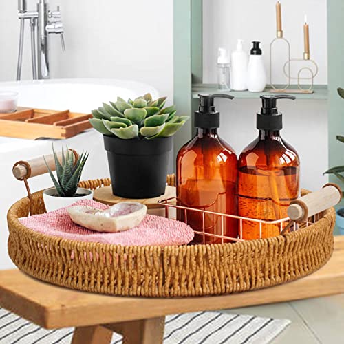 Senbero Round Decorative Coffee Table Tray With Imitated Rattan, Ottoman Tray With Wooden Handle, Bohemia Decoration Serving Tray, 11.02” #TOP3