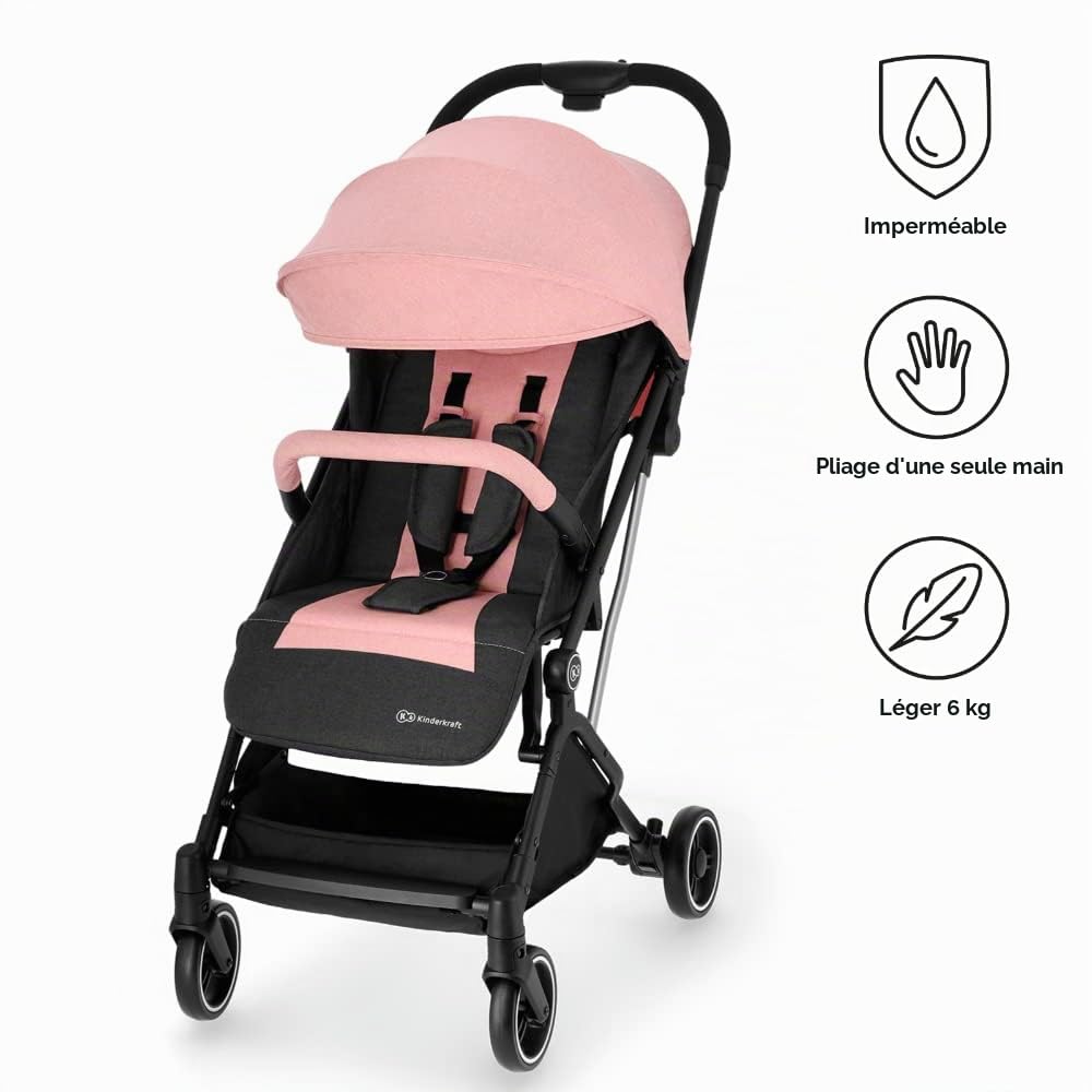 KINDERKRAFT Poussette Canne Indy, Ultra Légère, Pliable, Imperméable, Rose, 1 Unité