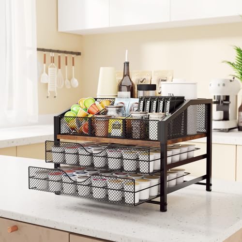 Image of Homsorout Coffee Bar Organizer - Coffee Station for Countertop, Metal and Wood K Cup holder Storage Basket for Coffee Pods, Syrup, Cups, Stirrer, Coffee Condiment, Tea Organizer, Black and Brown