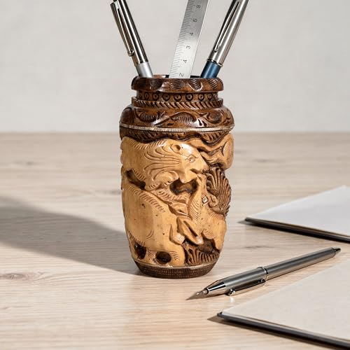 Image of Craft Trade 13x7 Cm Round Carved Wood Animal Pattern Pancil Holder - Two Tone