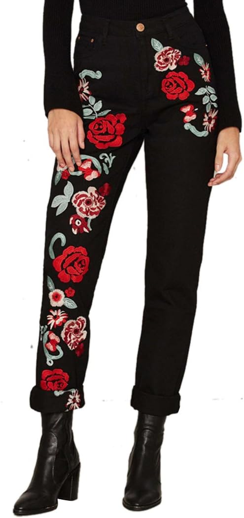 Women's Black High Waisted Straight Fit Moto Floral Embroidered Mom Jeans Outfits
