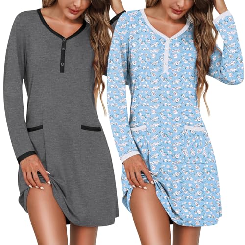 Marvmys Women's 2 Pack Nightgown Long Sleeve Henley Sleepshirt Soft Short Pajama Dress with Pockets Blue Floral& Dark Grey 3X-Large