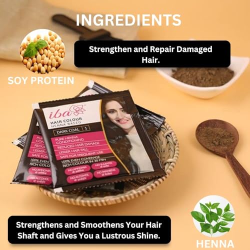Image of Iba Hair Colour for Women - Dark Coal, 70g (Pack of 3) | 100% Pure Henna Based Powder Sachet | Natural Hair Colour & Long Lasting with Conditioning Formula | Reduced Hair Fall & Hair Damage | Shine & Nourish Hair | Free from Ammonia and Other Harmful Chemicals | Herbal Hair Powder for Hair Color | Black Henna