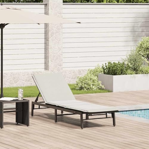 Zentexion Tumbona con cojín negro de polirratán, resistente a la intemperie, ajustable en 3 posiciones, plegable, 200 x 59 cm, con cojín blanco crema para terraza, balcón, piscina para relajarse y