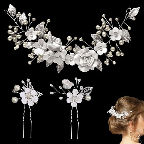 ZOCONE Braut Blume Haarschmuck Silber Kristall Stirnband Blume Blatt Kopfschmuck Perle Haarschmuck Braut Haarnadeln Hochzeit Kommunion Brautschmuck...