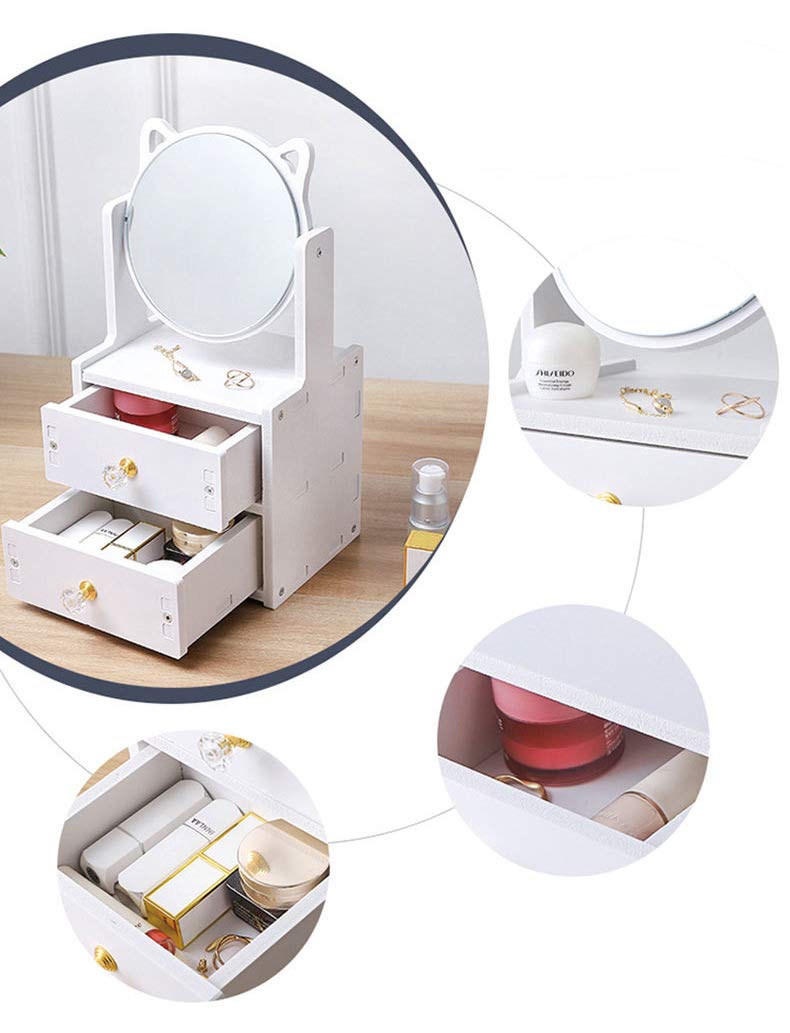 Verve Jelly Organizer per cosmetici con specchio, 1 cassetto grande, per trucchi e gioielli, HBT 15x14x32 cm, tavolo da toeletta in PVC bianco