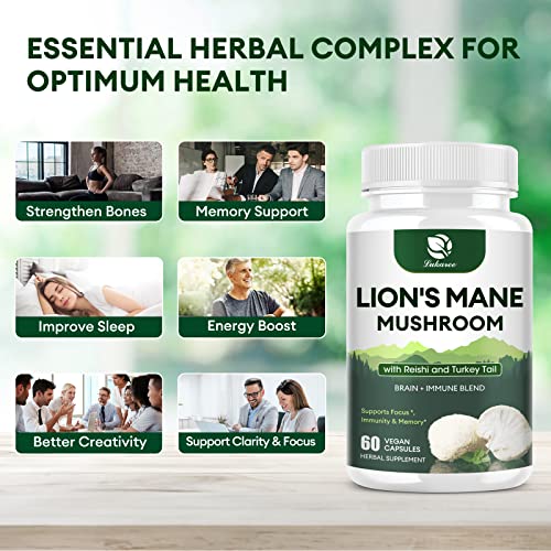 Lukaree Lions Mane Supplement Capsules - Turkey Tail with Cordyceps & Reishi for Brain Support and Immune Health - Alt to Mushroom Gummies, Powder & Coffee - 60 Count Made in USA - Image 3