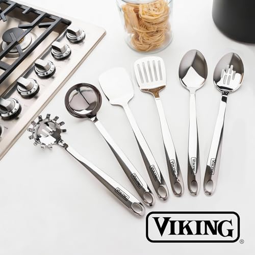 Image of Viking Kitchen Utensils Set, 6 Piece Stainless Steel Cooking Utensil Set, Includes Spatulas, Spoons, Pasta Fork, and Deep Ladle, Hollow Forged, Silver