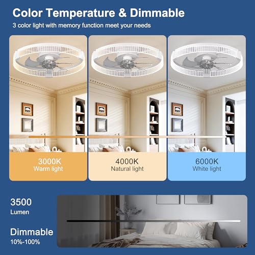 Image of Garwarm Ceiling Fans with Lights,20IN Ultra Low Profile Ceiling Fan with Light and Remote, Dimmable 3000K-6000K LED Fandelier Flush Mount, DC Motor, for Bedroom, Kitchen, Office