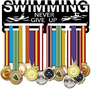 SUPERDANT Swimming Medal Holder 60+ Medals Display Motivating Word NEVER GIVE UP Black Iron Wall Mounted Hooks for Competition Medal Holder Display Wall Hanging 40x15cm
