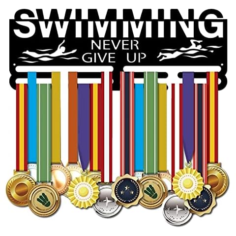 SUPERDANT Medaillenhalter Schwimmen Medaillen Display Motivierendes Wort Never GIVE UP Wandhaken Aus Schwarzem Eisen Cover