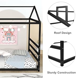 Metal queen size floor bed for kidsmontessori floor bed with roofhouse bed frame queen for boys girlsblack  urban country home decor