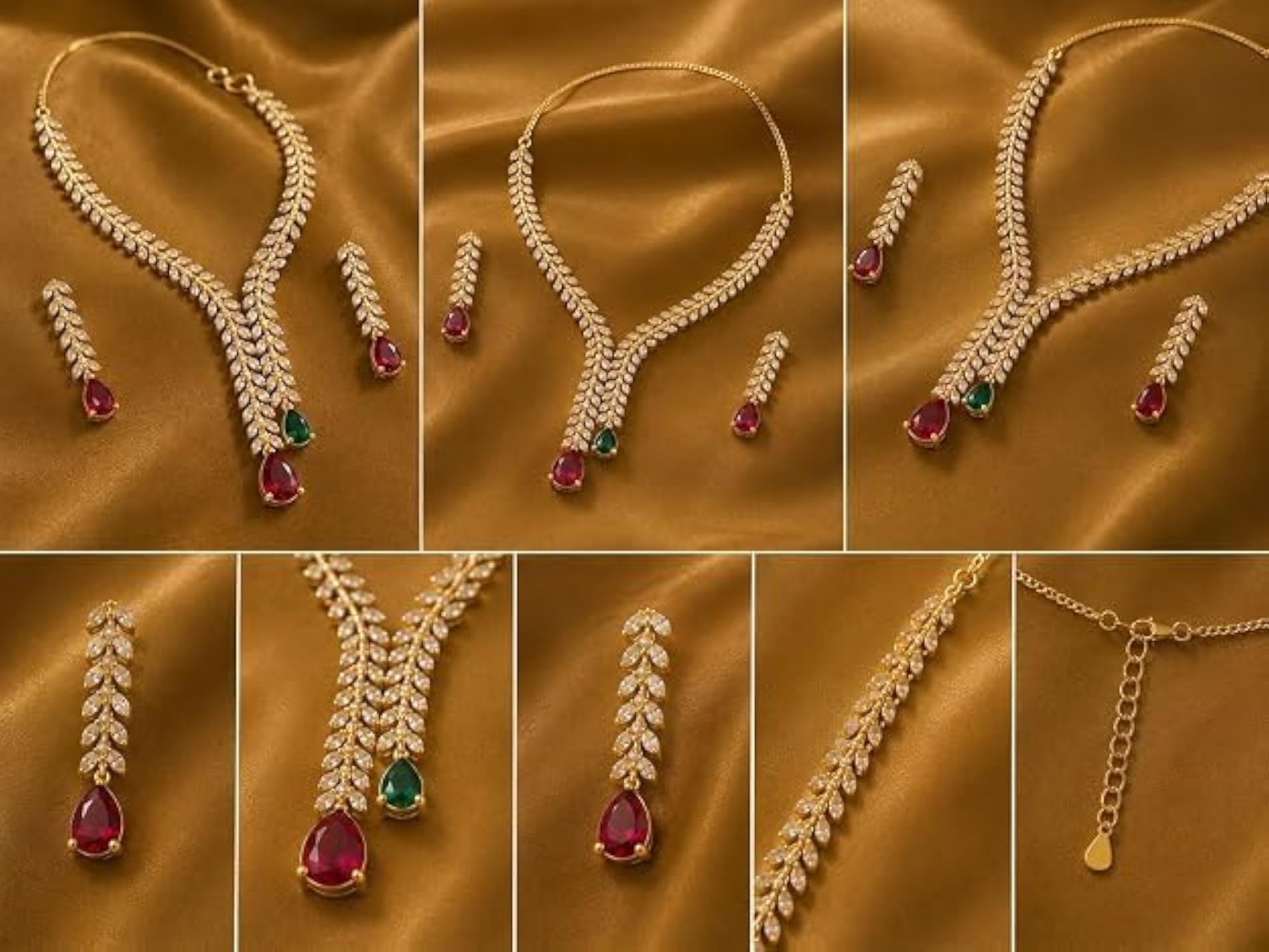 Gold-Toned CZ Necklace Earring Set with Ruby Emerald Drops