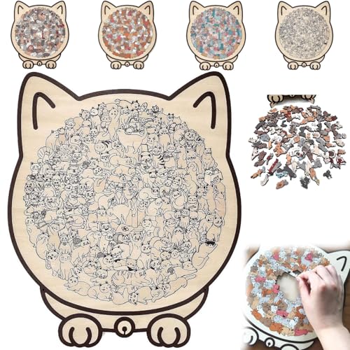 135ピース マイラード/マカロン/木製/モランディカラー 猫型木製ジグソーパズル 大人用 かわいい動物猫 猫の輪郭付きフレームとアクリルカバー付き ホームデコレーション 猫好きの方へのギフト