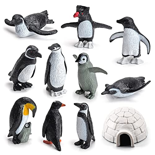 SCAHOW 11PCS Penguin Toys Plastic Arctic Animal Penguin Figures for Kids Realistic Polar Animals Penguin Figurines Set with Igloo Model Cake Topper Winter Miniature Toys Decoration