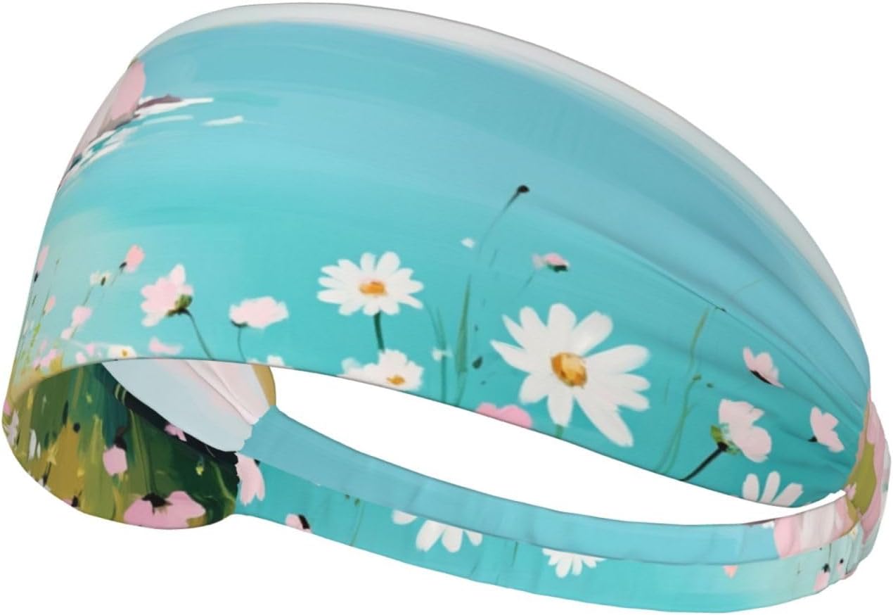 Soft White Daisies Tiny Yellow Wildflowers Coastal Clifftop Headband Sports Sweatbands for Men Women Hairband for Workout Athletic Running Yoga Basketball Gym