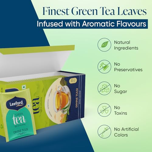Image of Leeford Divine Tulsi Green Tea for Weight Loss - with Antioxidants and Nutrients | Pack of 2 (30 Bags Each) | Stress Relieving, Uplifts Mood, Rich in Antioxidants | Green Tea for Weight Loss